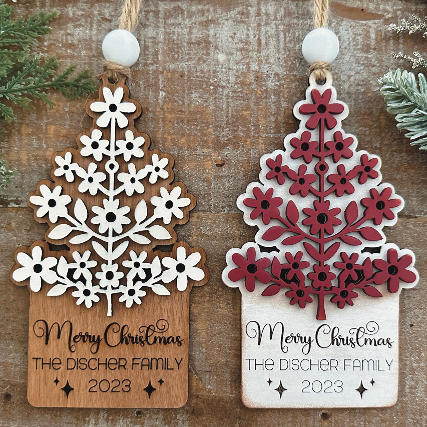 Personalizable Layered Flower-Themed Christmas Tree Ornament