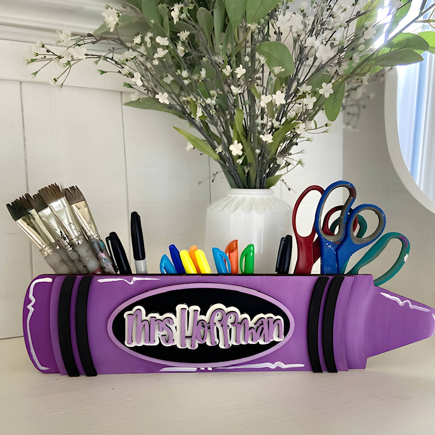 Personalized Teacher Name Crayon Sign - Classroom Supply Holder