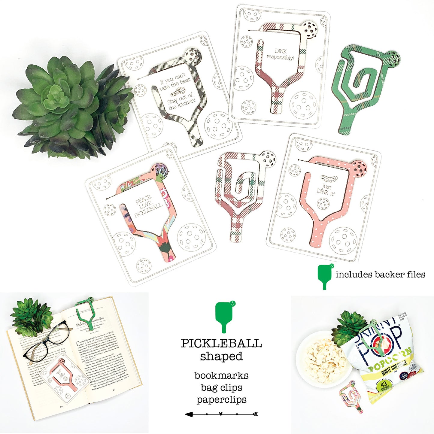 Pickleball-Shaped Bookmark with Card Backer - Paperclip - Snack Bag Closure