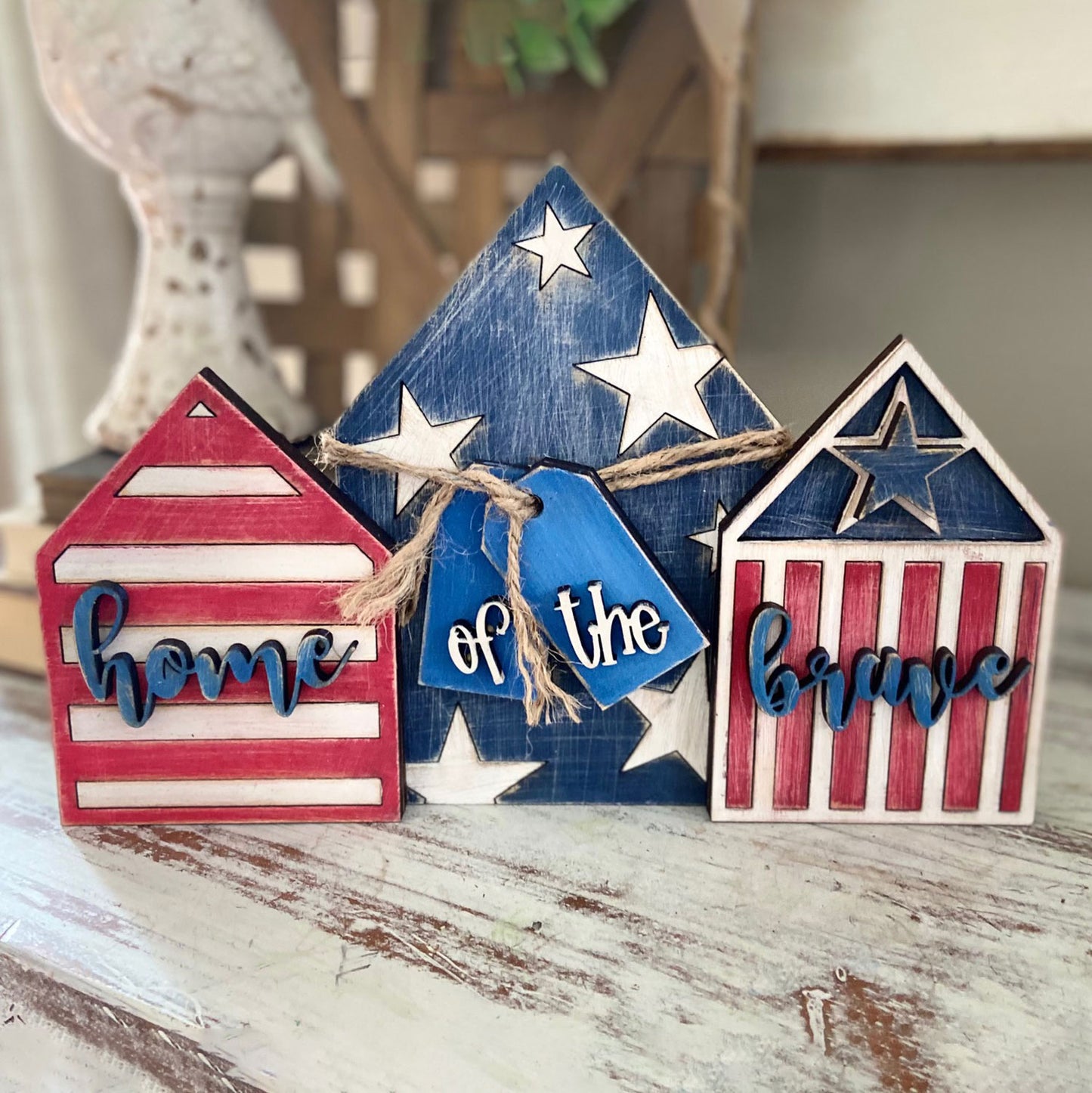 Red, White & Blue July Themed Home of the Brave House Shelf Sitter (Set of 3)