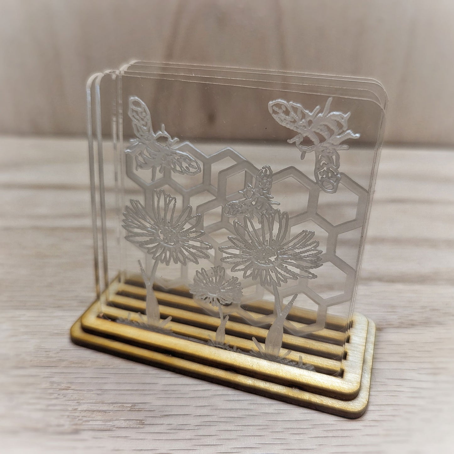 Shadow Box Bee Coasters with Flowers and Honeycomb (Set of 4)
