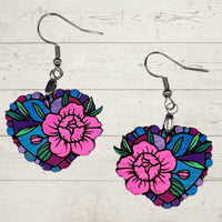 Stained Glass Floral Heart Dangle Earrings