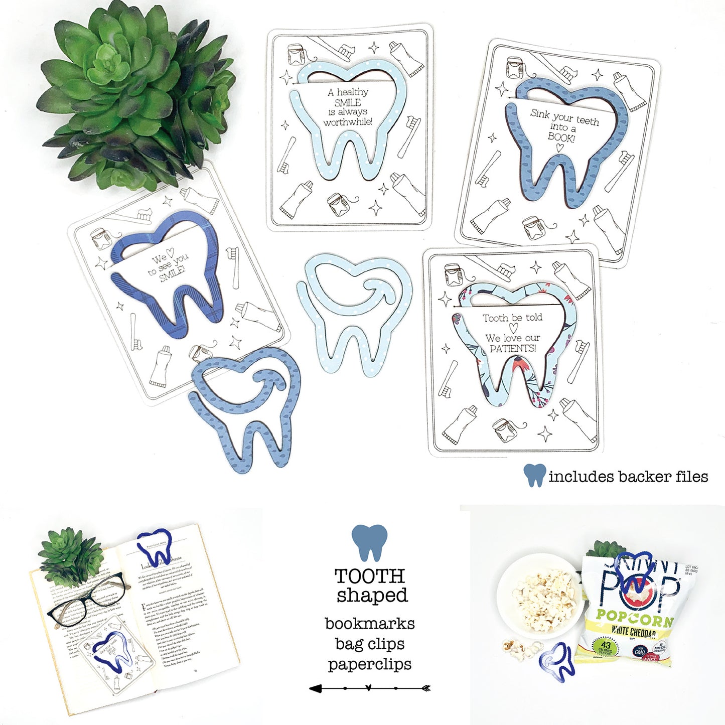 Tooth-Shaped Bookmark with Card Backer - Paperclip - Snack Bag Closure