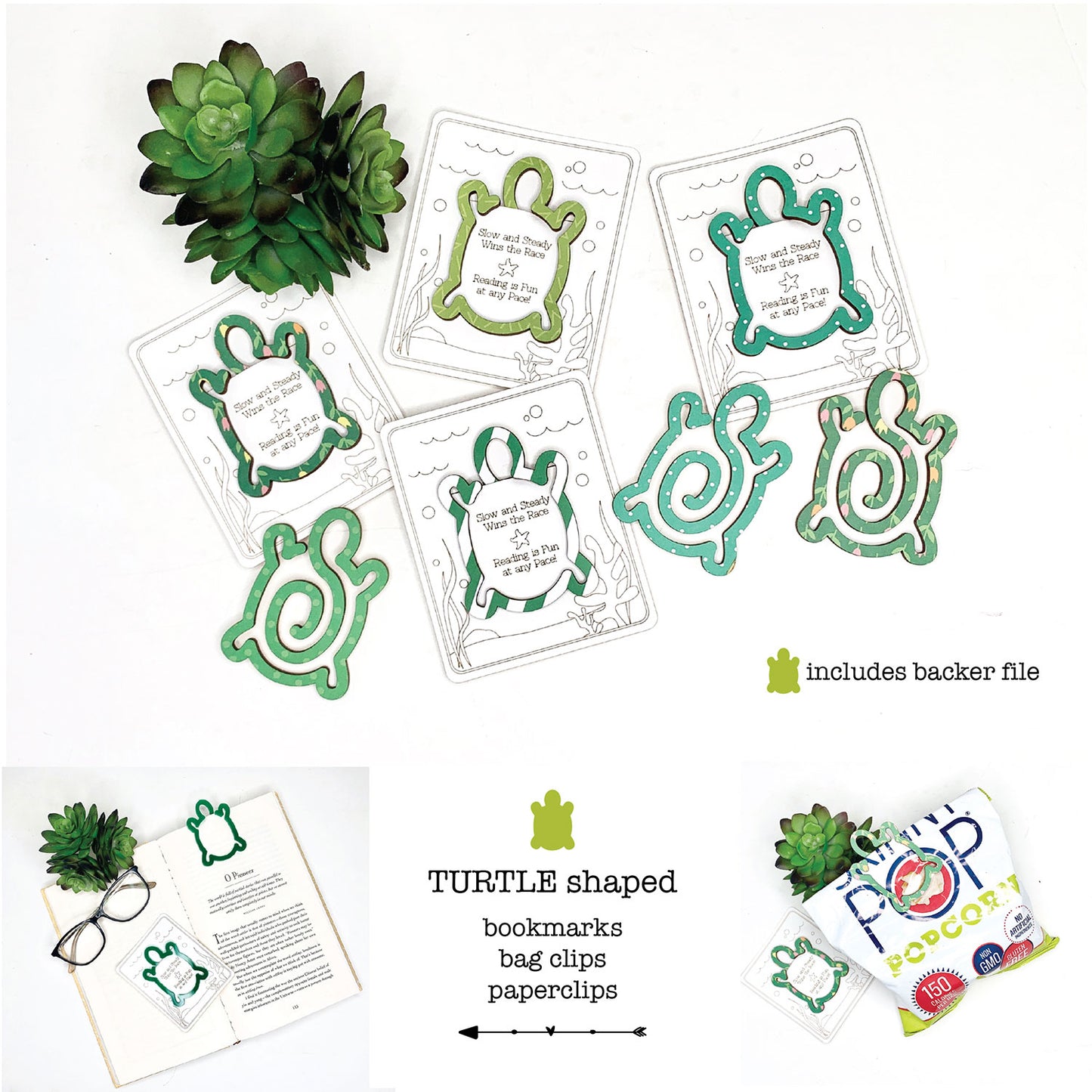Turtle-Shaped Bookmark with Card Backer - Paperclip - Snack Bag Closure