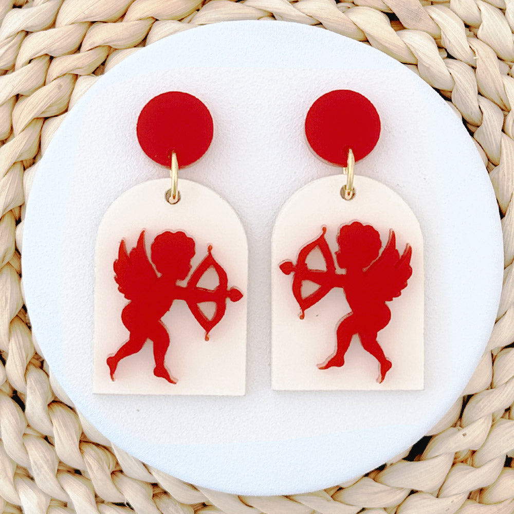 Valentine's Day Earrings Hollow out Love Water Drop Candy Gradual Color Cat  Red Letter Round Wooden