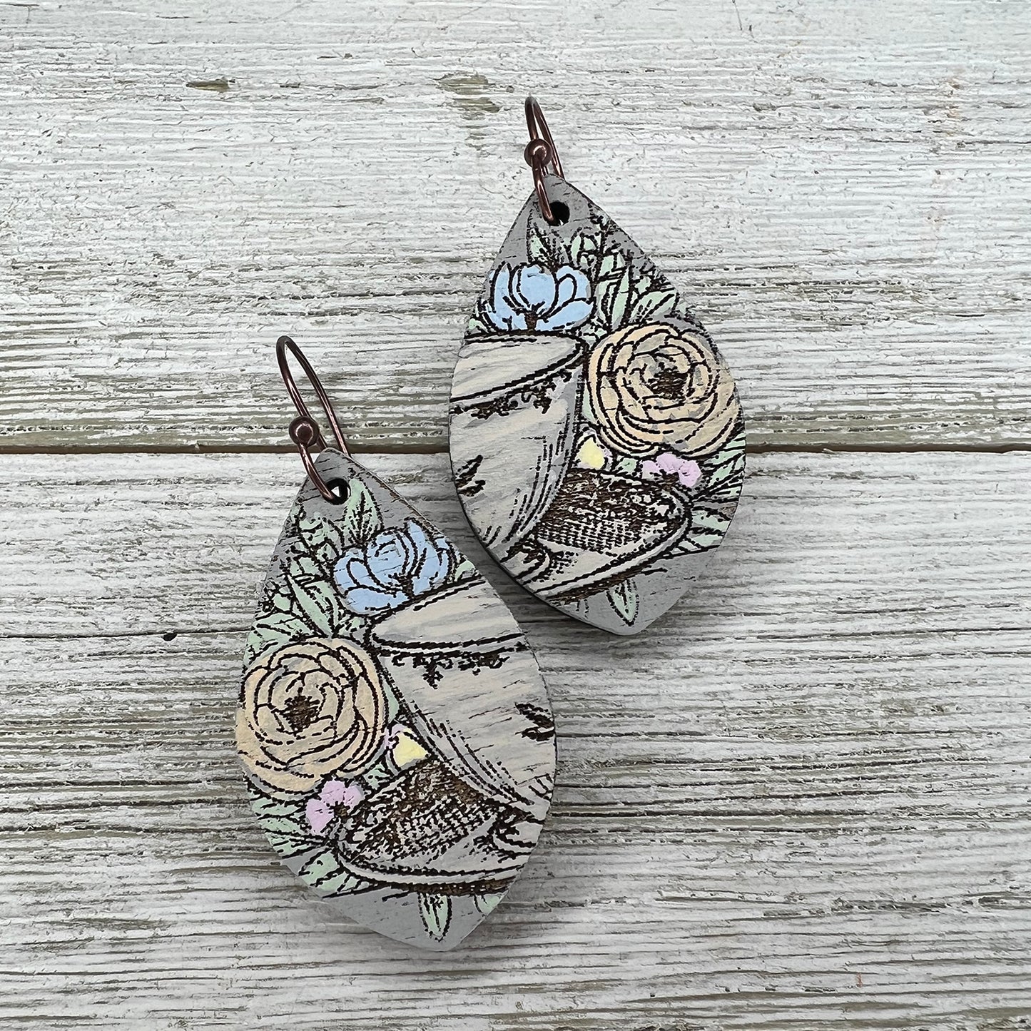 Vintage Tea Party Teardrop Earrings - "Tea Cup and Saucer with Flowers"