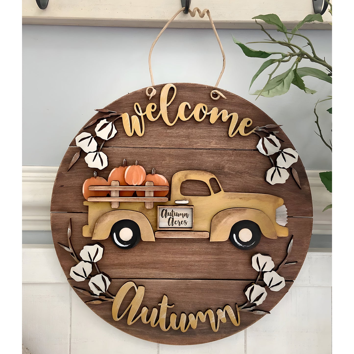 Welcome Autumn Pumpkin Delivery Truck 15" Door Hanger Sign