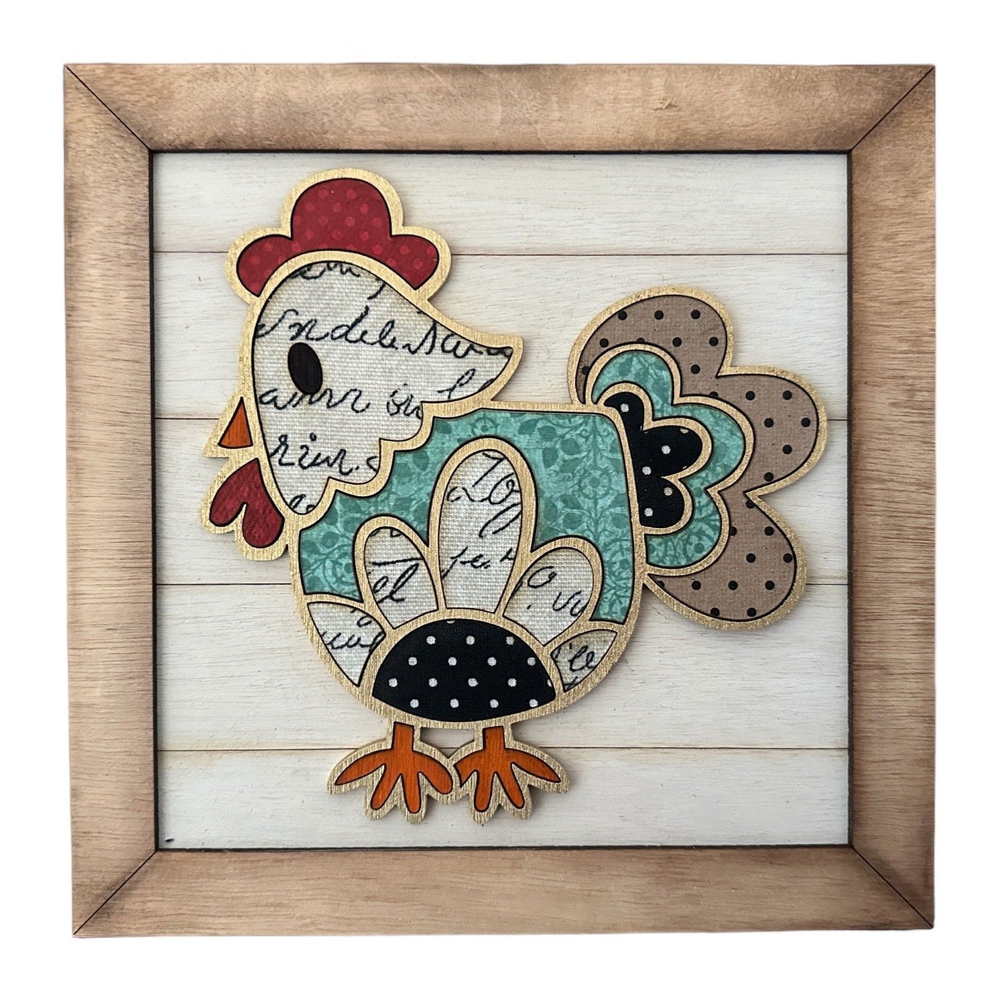 Whimsical Chicken Sign with Faux Shiplap and Farmhouse Frame 8x8 in. Ver. 1