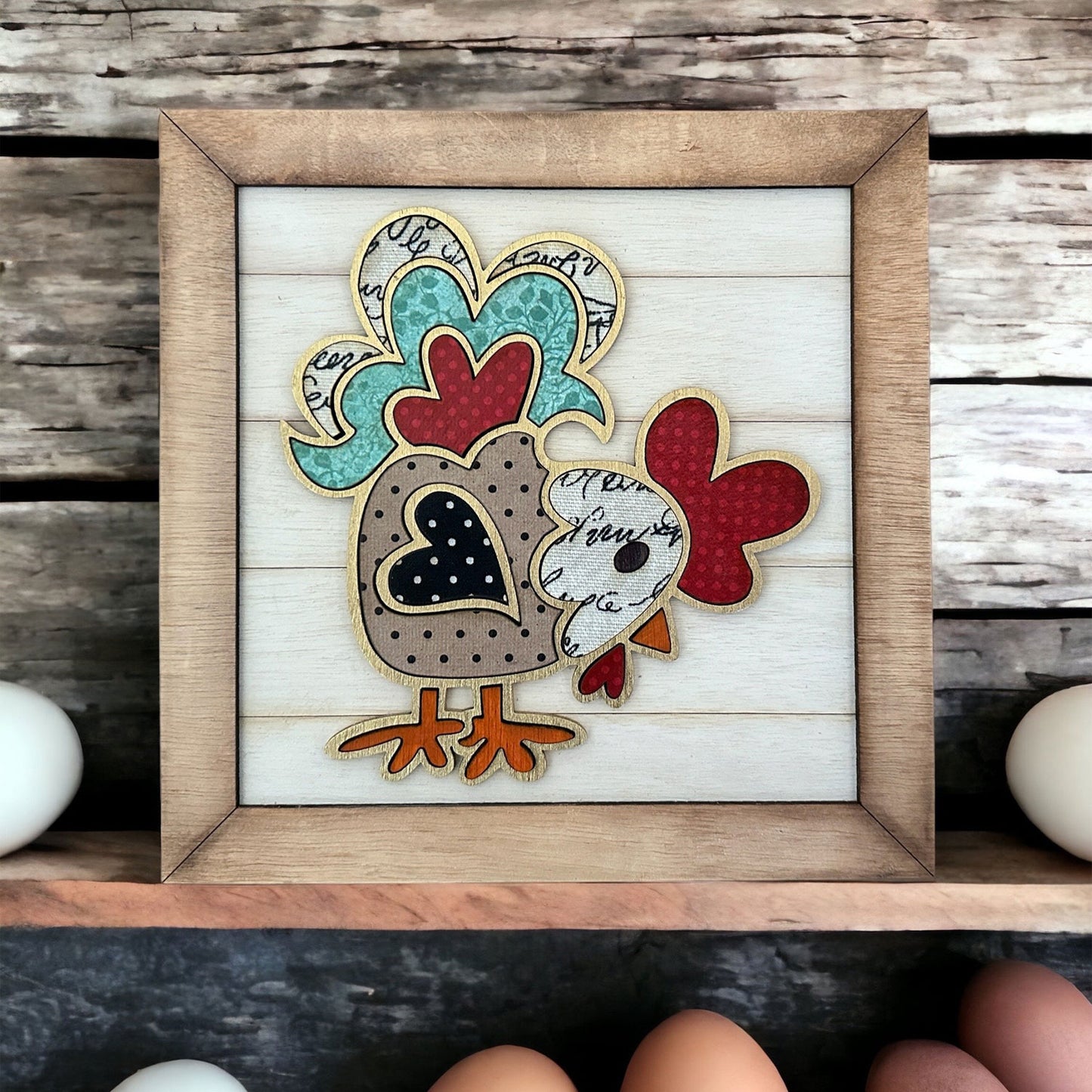Whimsical Chicken Sign with Faux Shiplap and Farmhouse Frame 8x8 in. Ver. 2