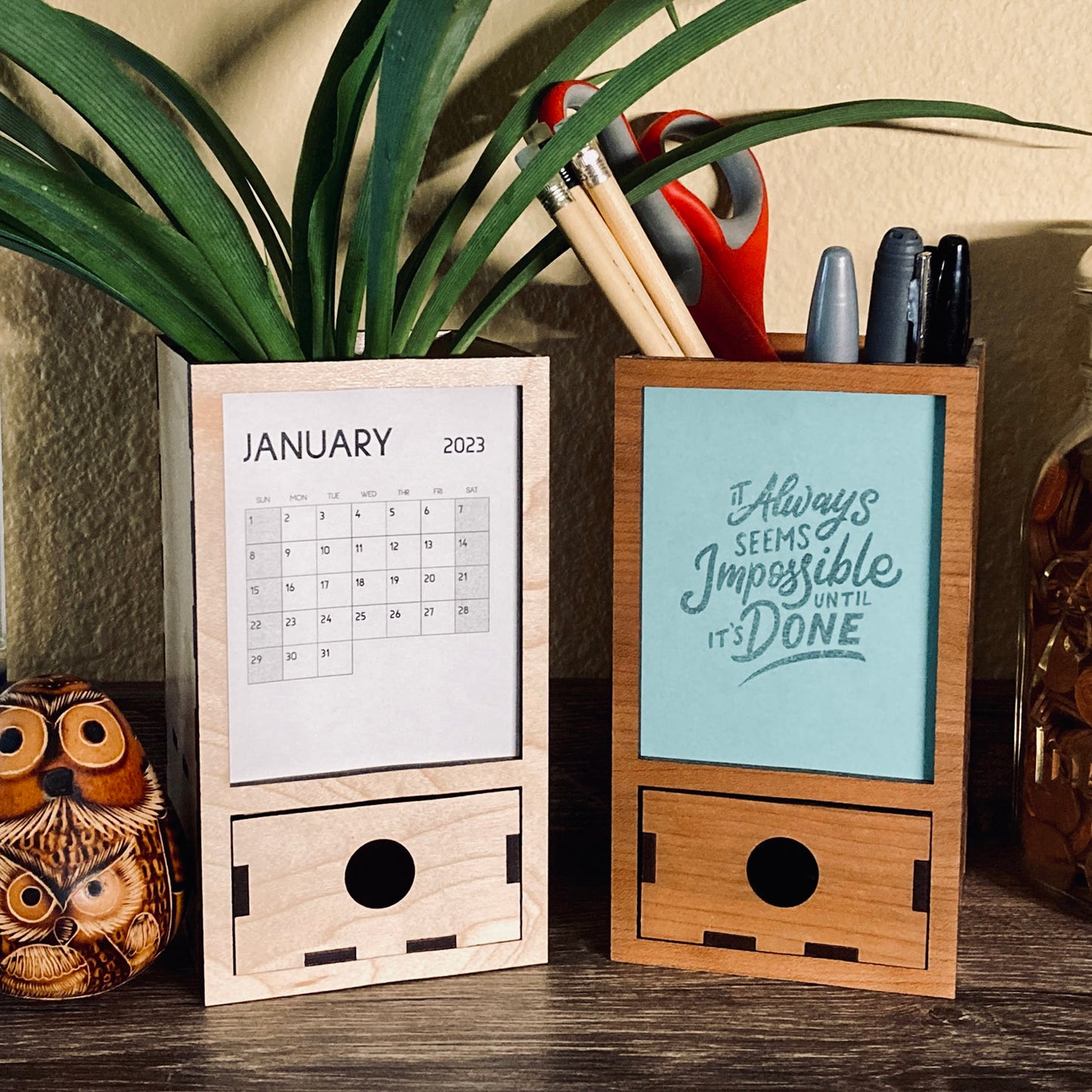 Wooden Pencil Holder with Drawer and Personalizable Frame