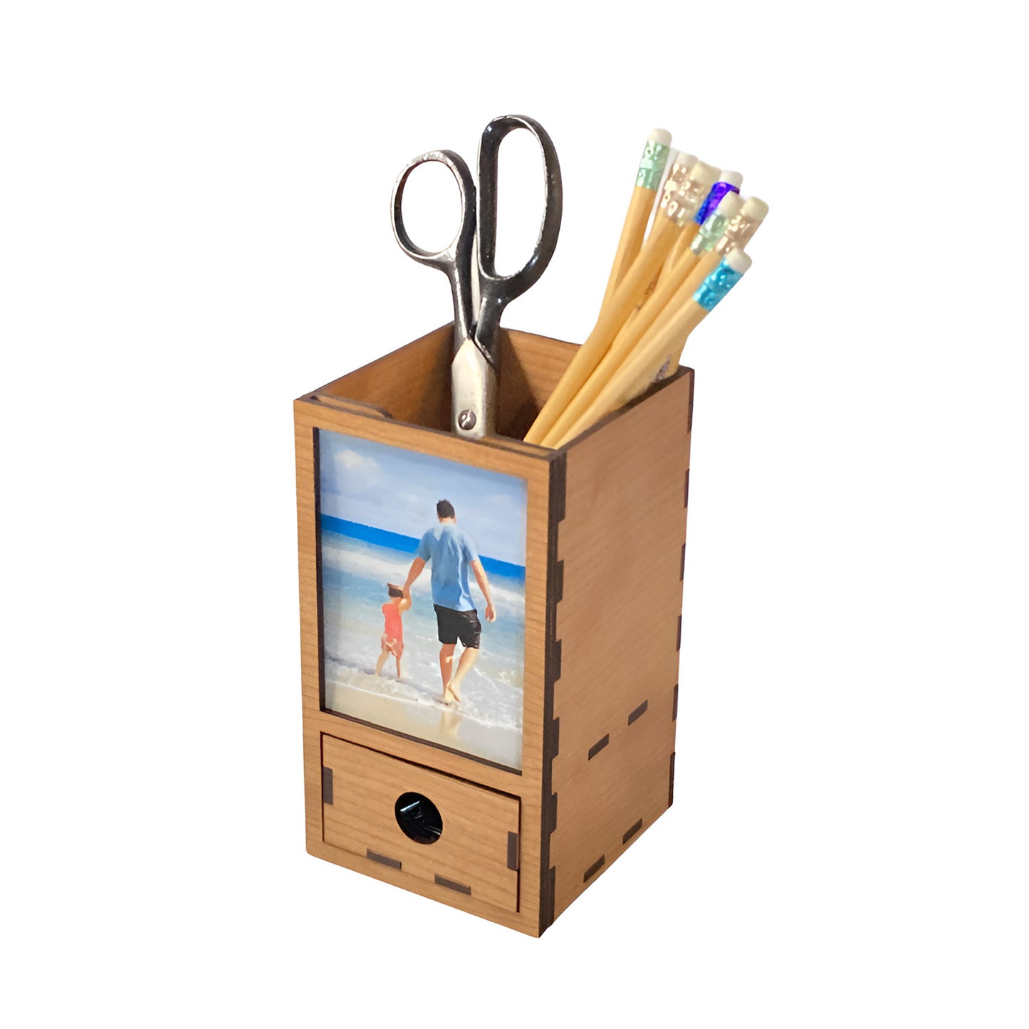 Wooden Pencil Holder with Drawer and Personalizable Frame