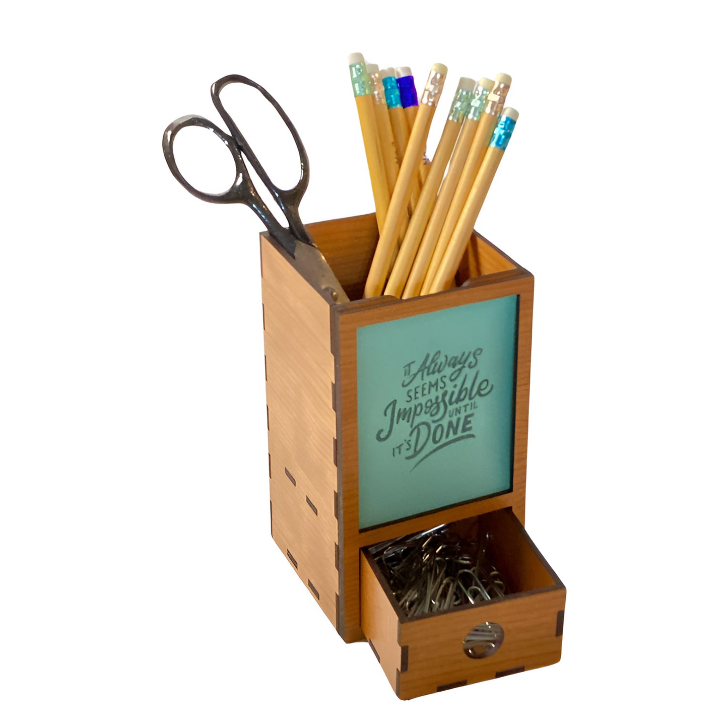 Wooden Pencil Holder with Drawer and Personalizable Frame