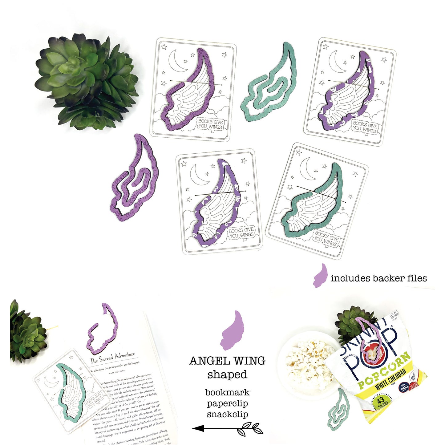Angel Wing Shaped Bookmark with Card Backer - Paperclip - Snack Bag Closure - Glowforge