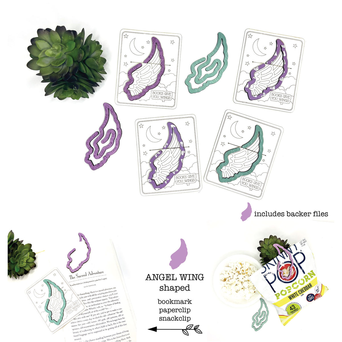 Angel Wing Shaped Bookmark with Card Backer - Paperclip - Snack Bag Closure - Glowforge