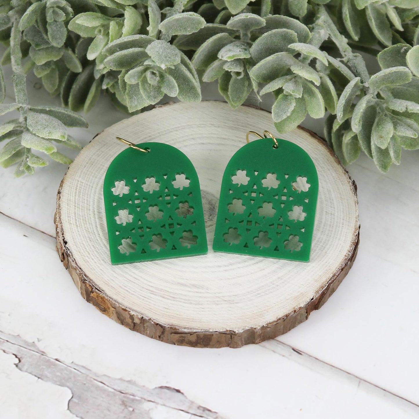 Arch Earrings with Shamrock Rattan Pattern - St. Patrick's Day Earrings - Version 2 - Glowforge