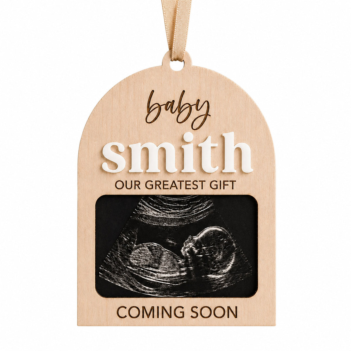 Arched Ultrasound Pregnancy Announcement Ornament with Family Name - Glowforge