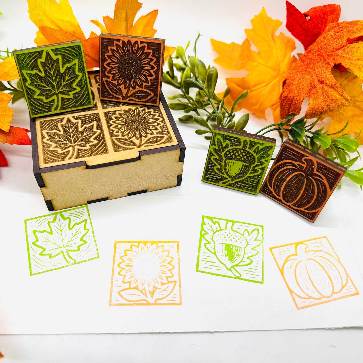Autumn Wood Block Print Style Stamp (Set of 4) + Storage Box - Glowforge