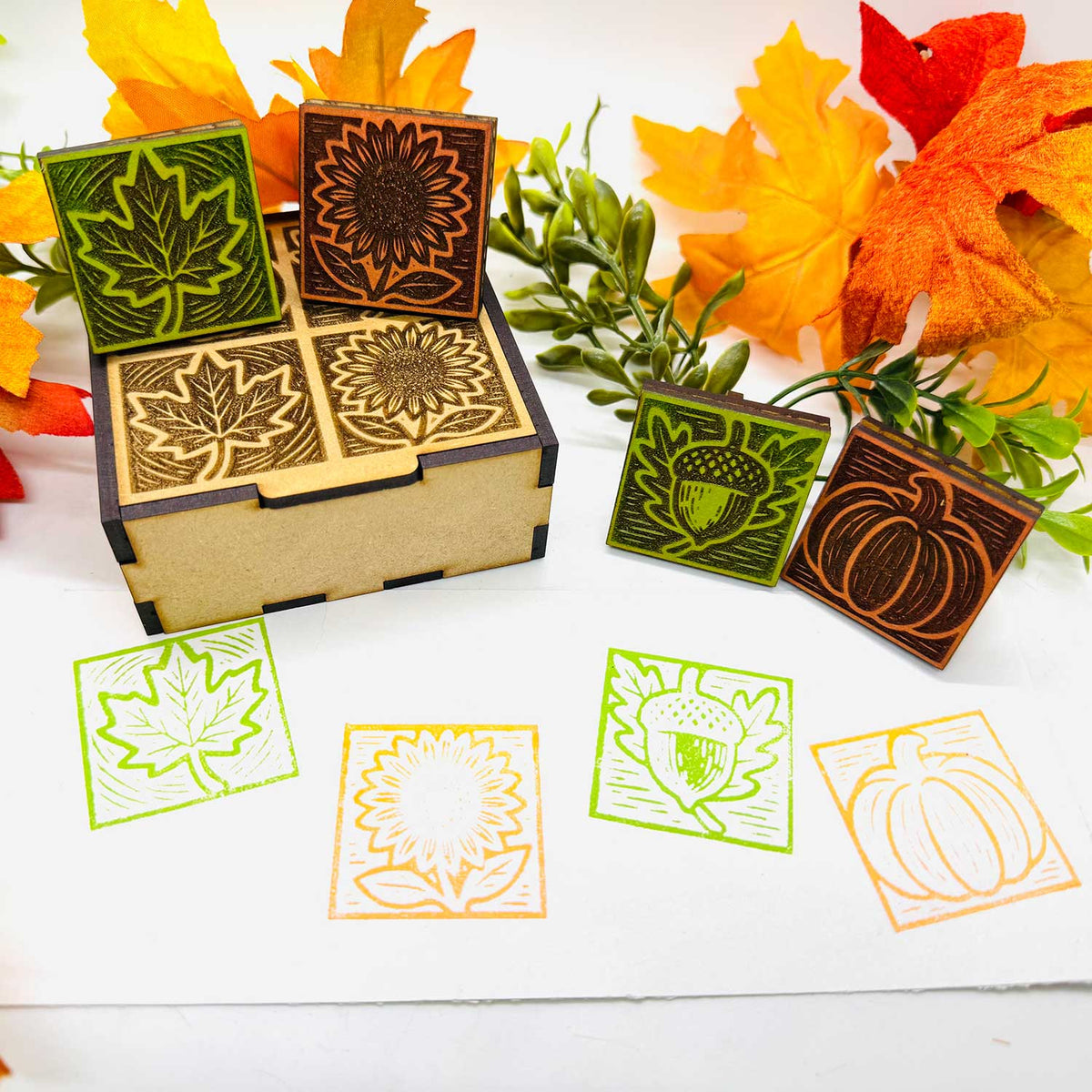 Autumn Wood Block Print Style Stamp (Set of 4) + Storage Box - Glowforge