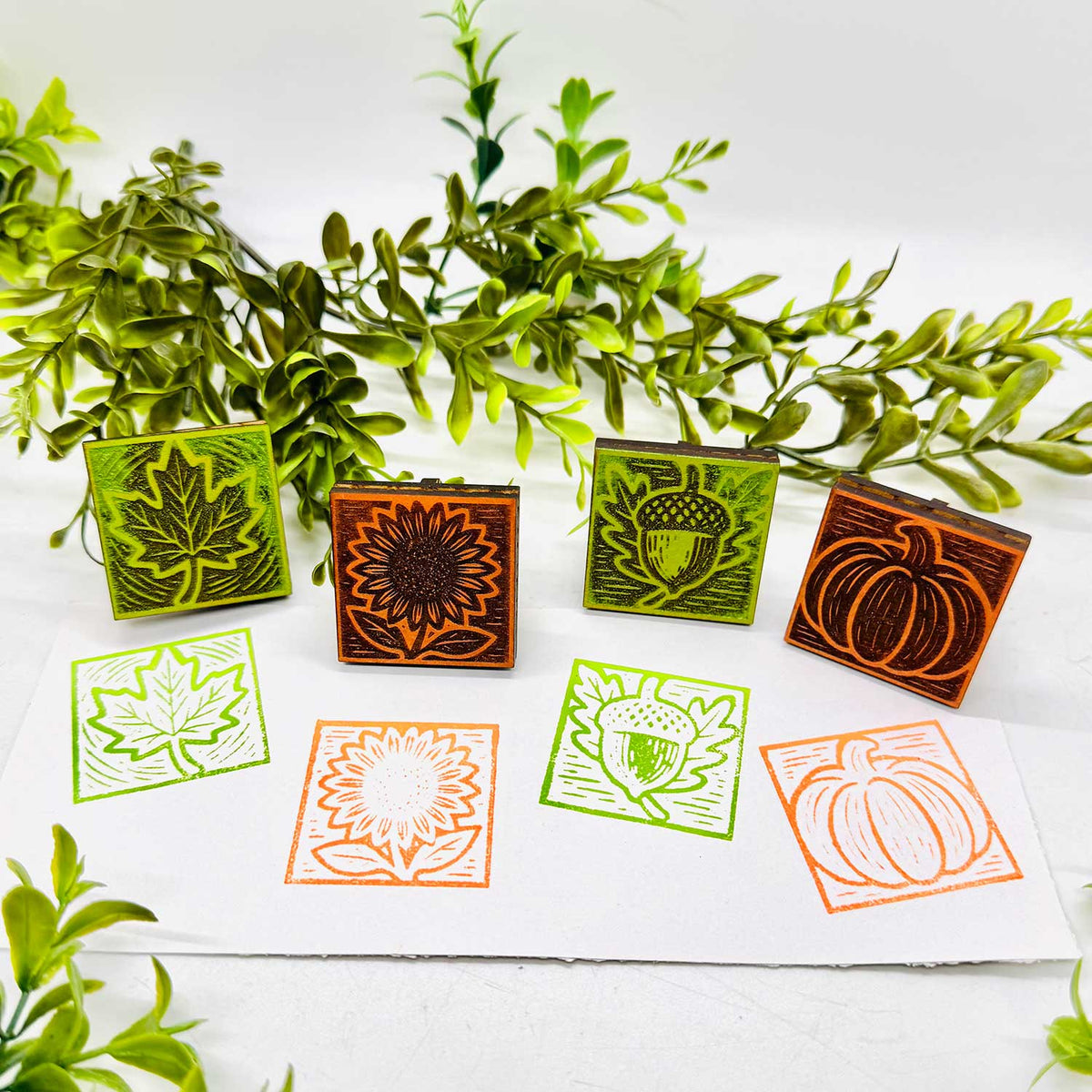 Autumn Wood Block Print Style Stamp (Set of 4) + Storage Box - Glowforge