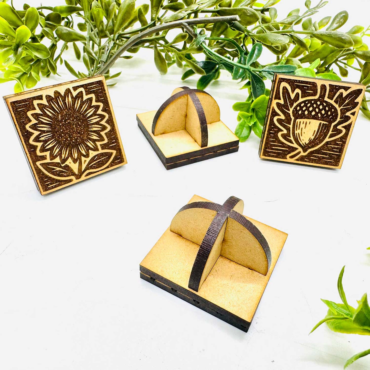 Autumn Wood Block Print Style Stamp (Set of 4) + Storage Box - Glowforge