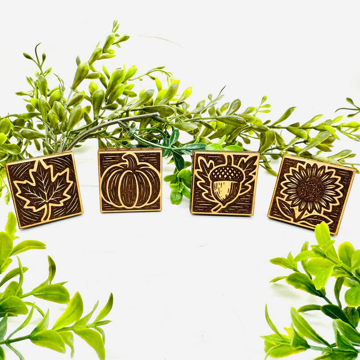Autumn Wood Block Print Style Stamp (Set of 4) + Storage Box - Glowforge