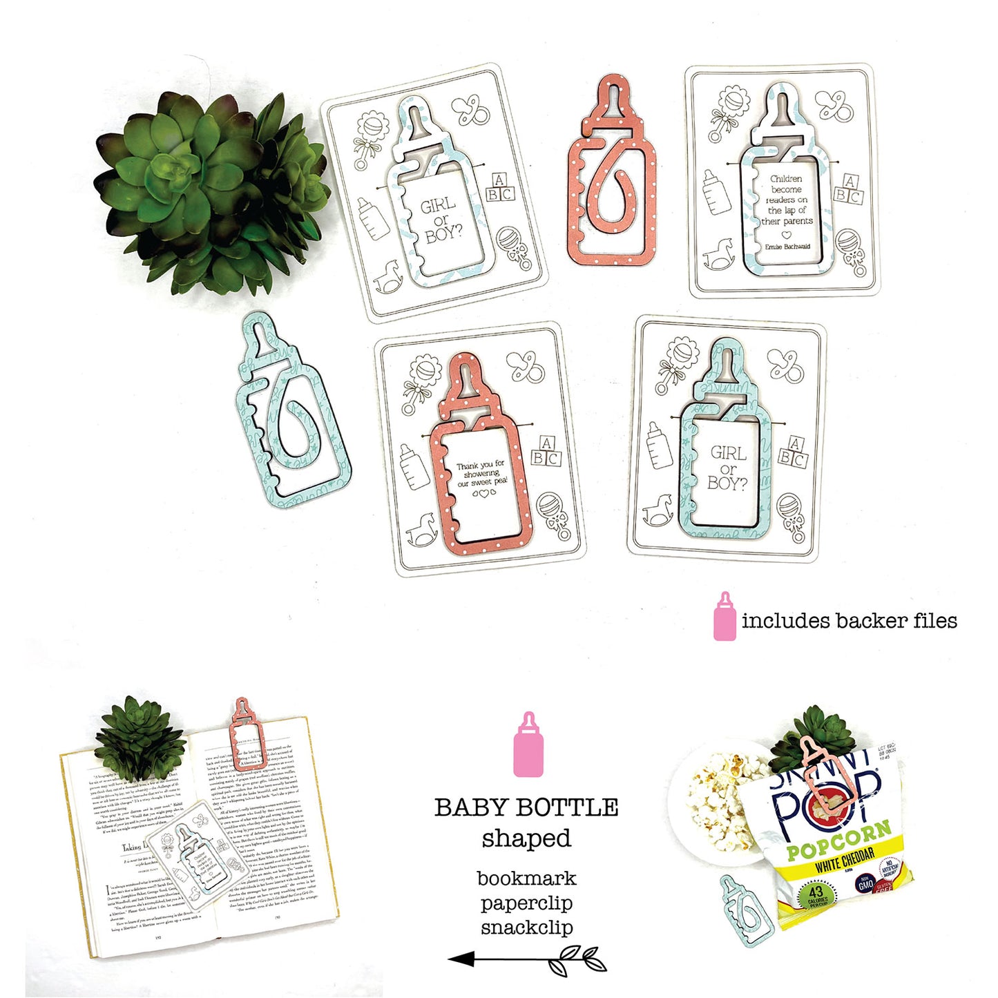 Baby Bottle Shaped Bookmark with Card Backer - Paperclip - Snack Bag Closure - Glowforge