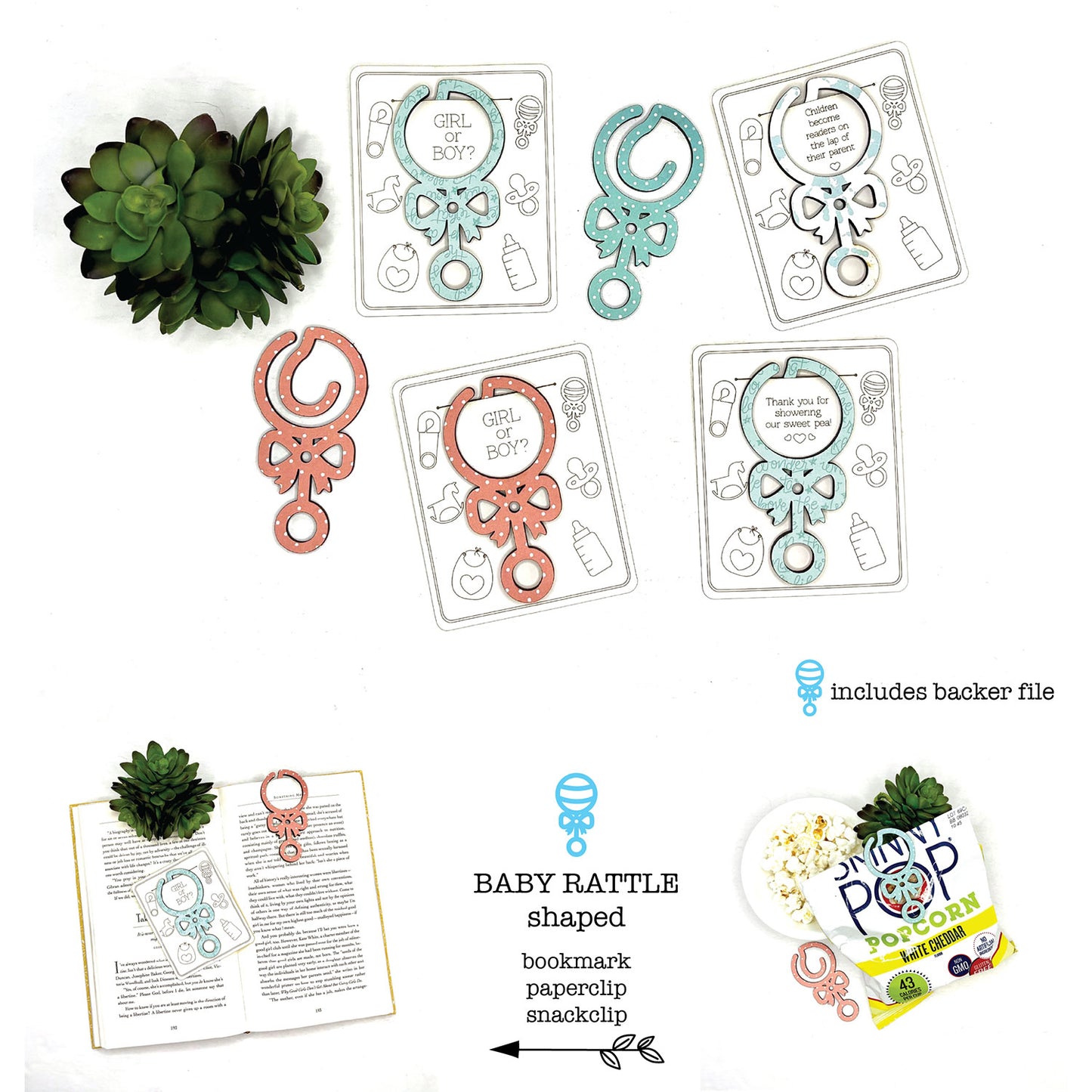 Baby Rattle Shaped Bookmark with Card Backer - Paperclip - Snack Bag Closure - Glowforge
