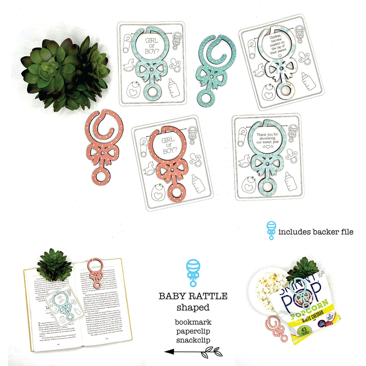 Baby Rattle Shaped Bookmark with Card Backer - Paperclip - Snack Bag Closure - Glowforge