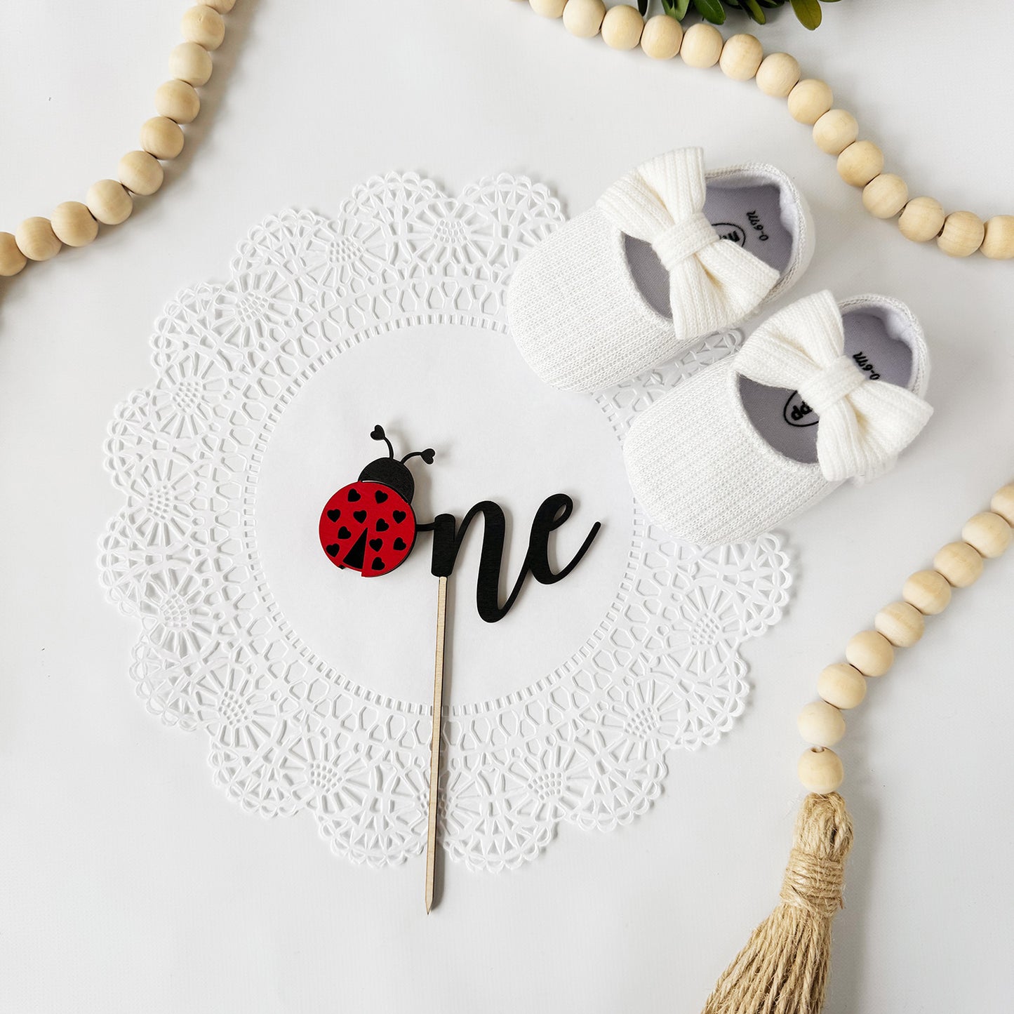 Beautiful Cursive Cake Topper for Baby's First Birthday with Adorable Ladybug (Set of 4)