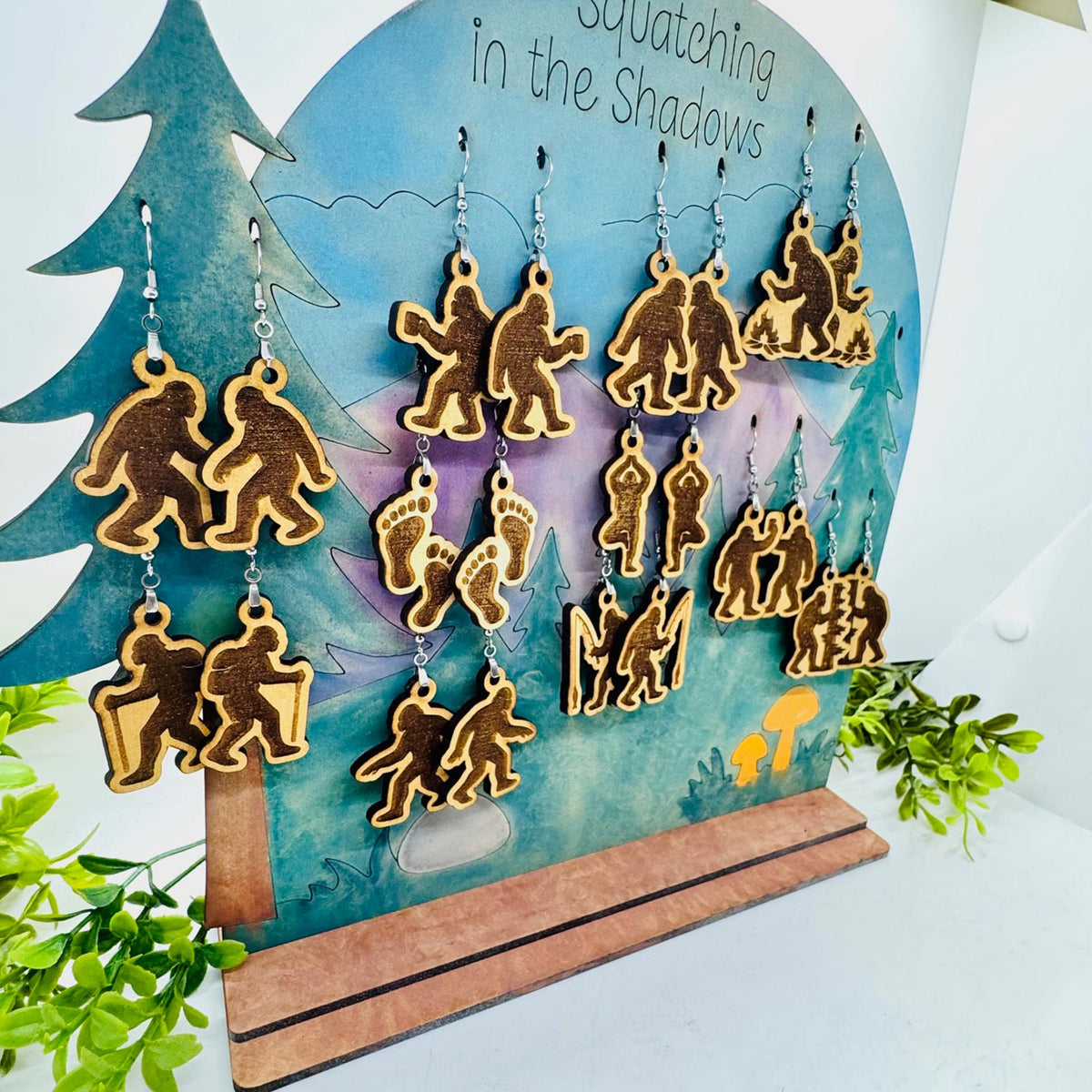 Bigfoot Earring (Set of 11) with Display Stand - Sasquatch Earrings Collection #1 - Glowforge
