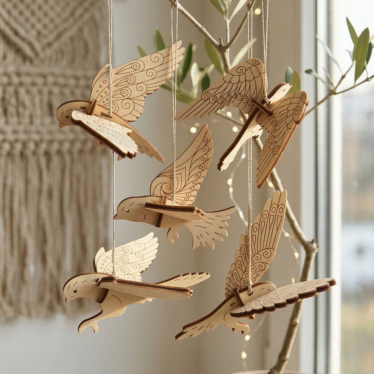 Bird Ornaments Hanging Decor with Patterned Wings (Set of 5) - Glowforge