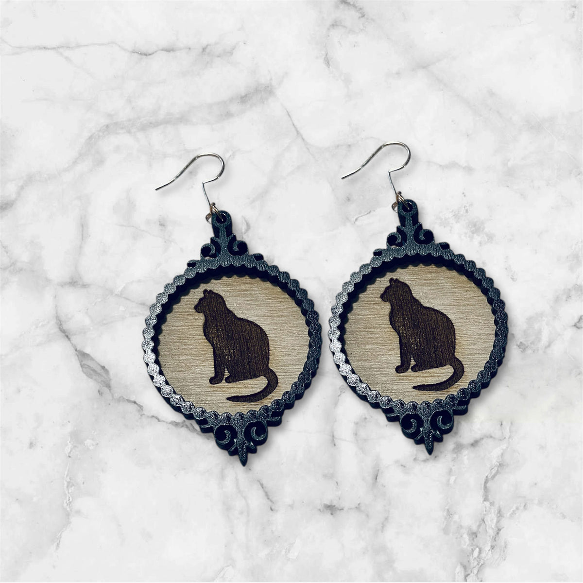 Black Cat Halloween Spooky Frame Layered Earrings - Glowforge