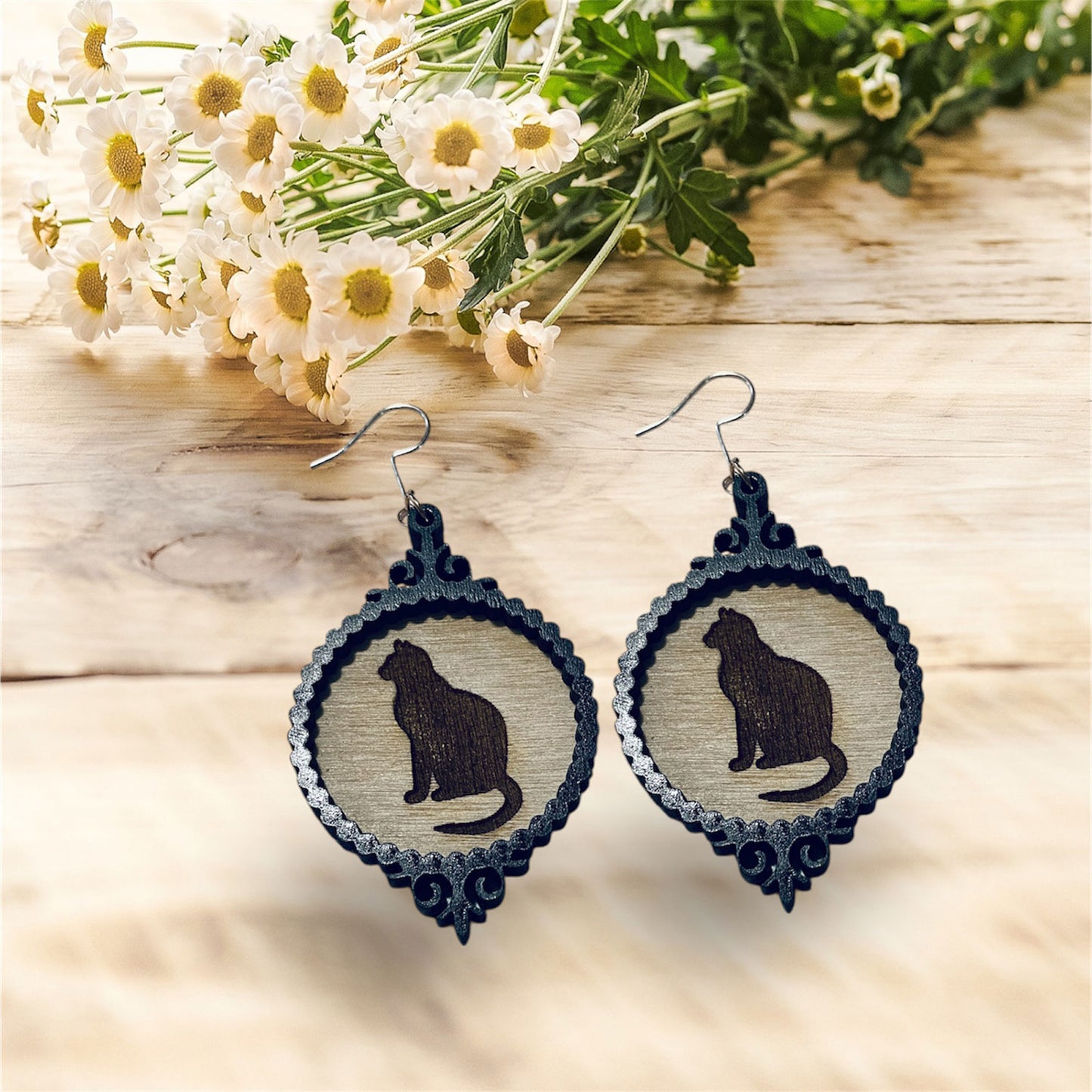 Black Cat Halloween Spooky Frame Layered Earrings - Glowforge