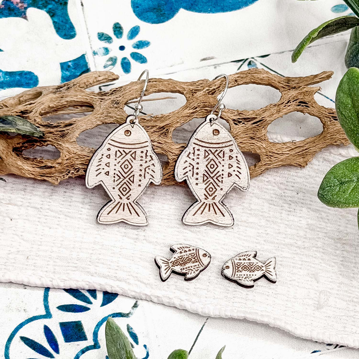 Boho Pattern Fish Dangle and Stud Earrings Set - Glowforge