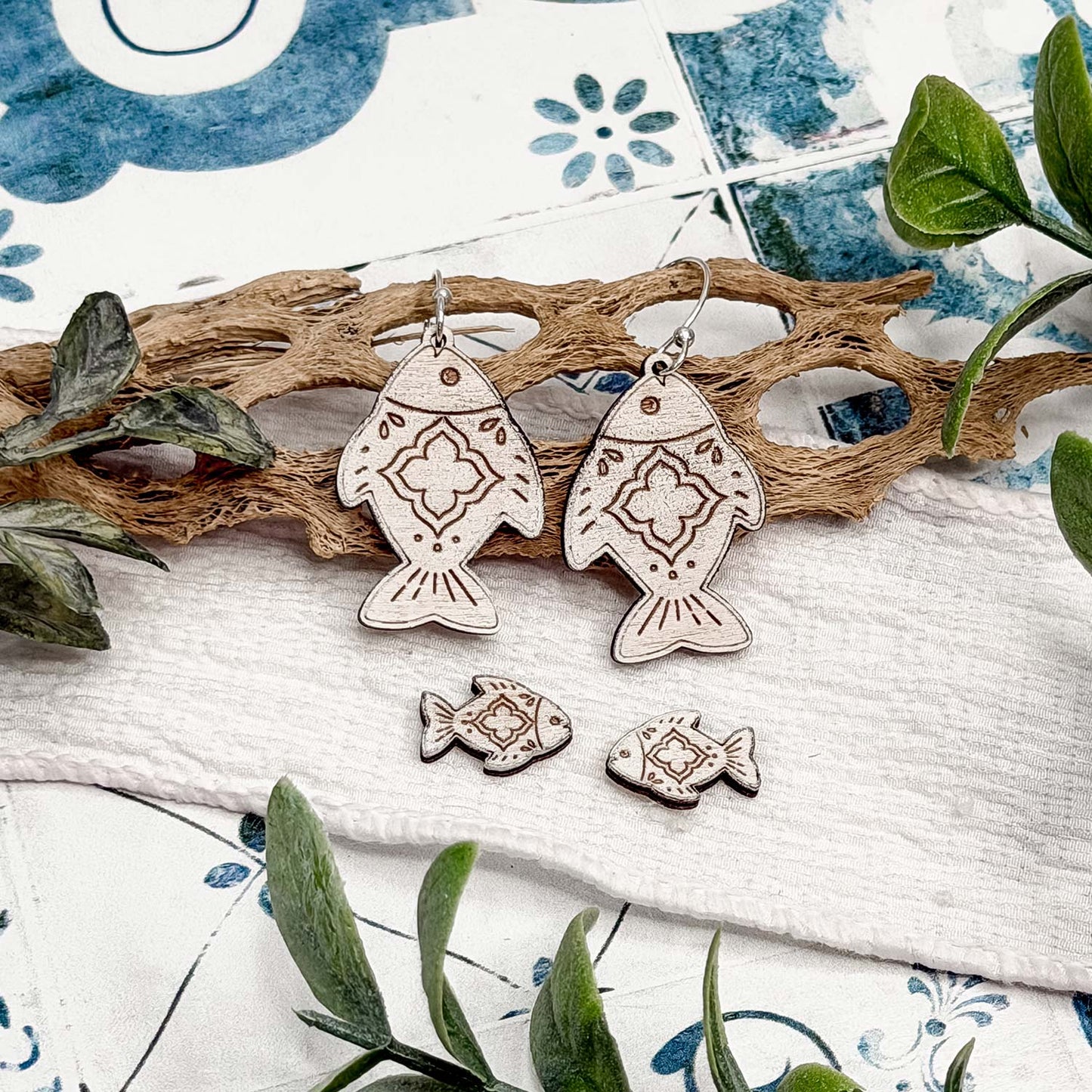 Boho Tile Fish Dangle and Stud Earrings Set - Glowforge