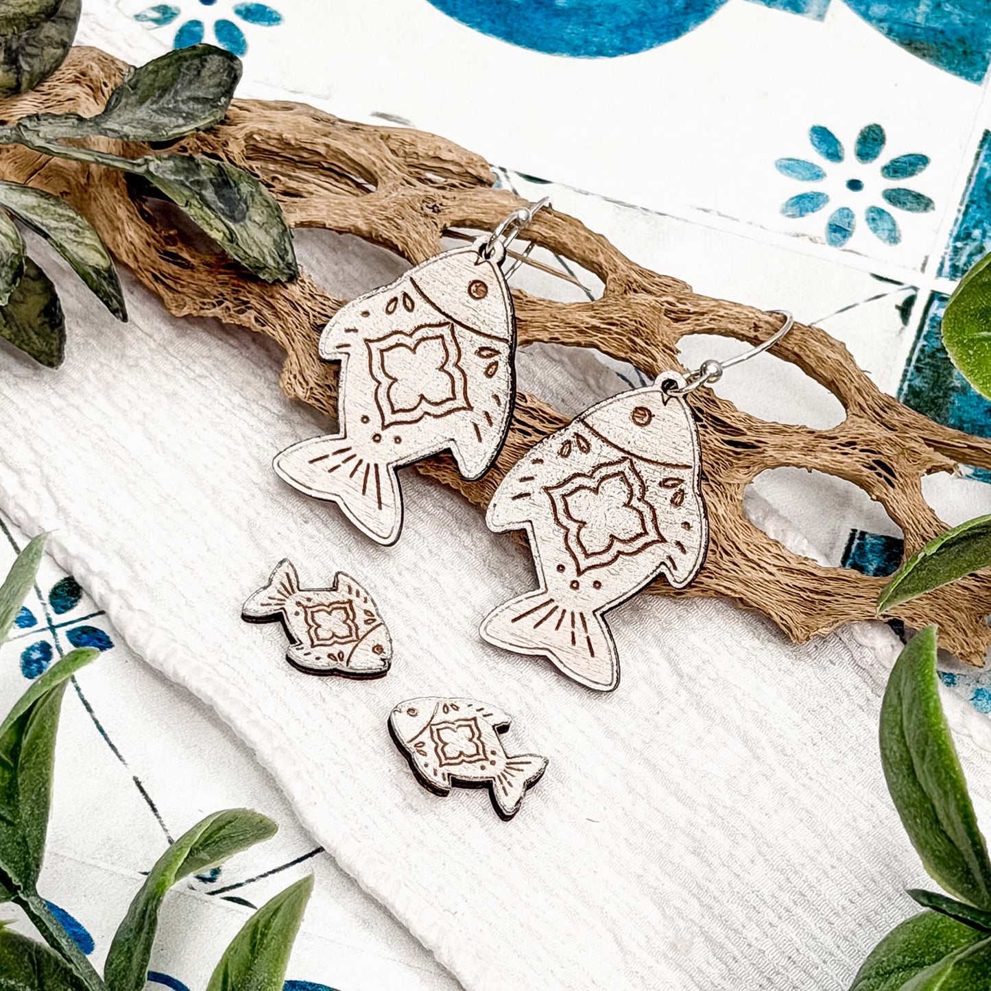 Boho Tile Fish Dangle and Stud Earrings Set - Glowforge