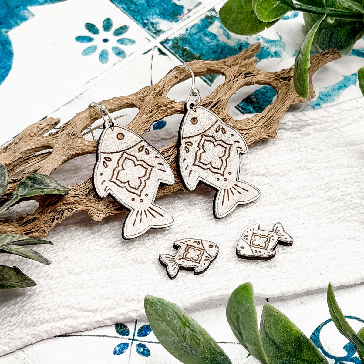 Boho Tile Fish Dangle and Stud Earrings Set - Glowforge
