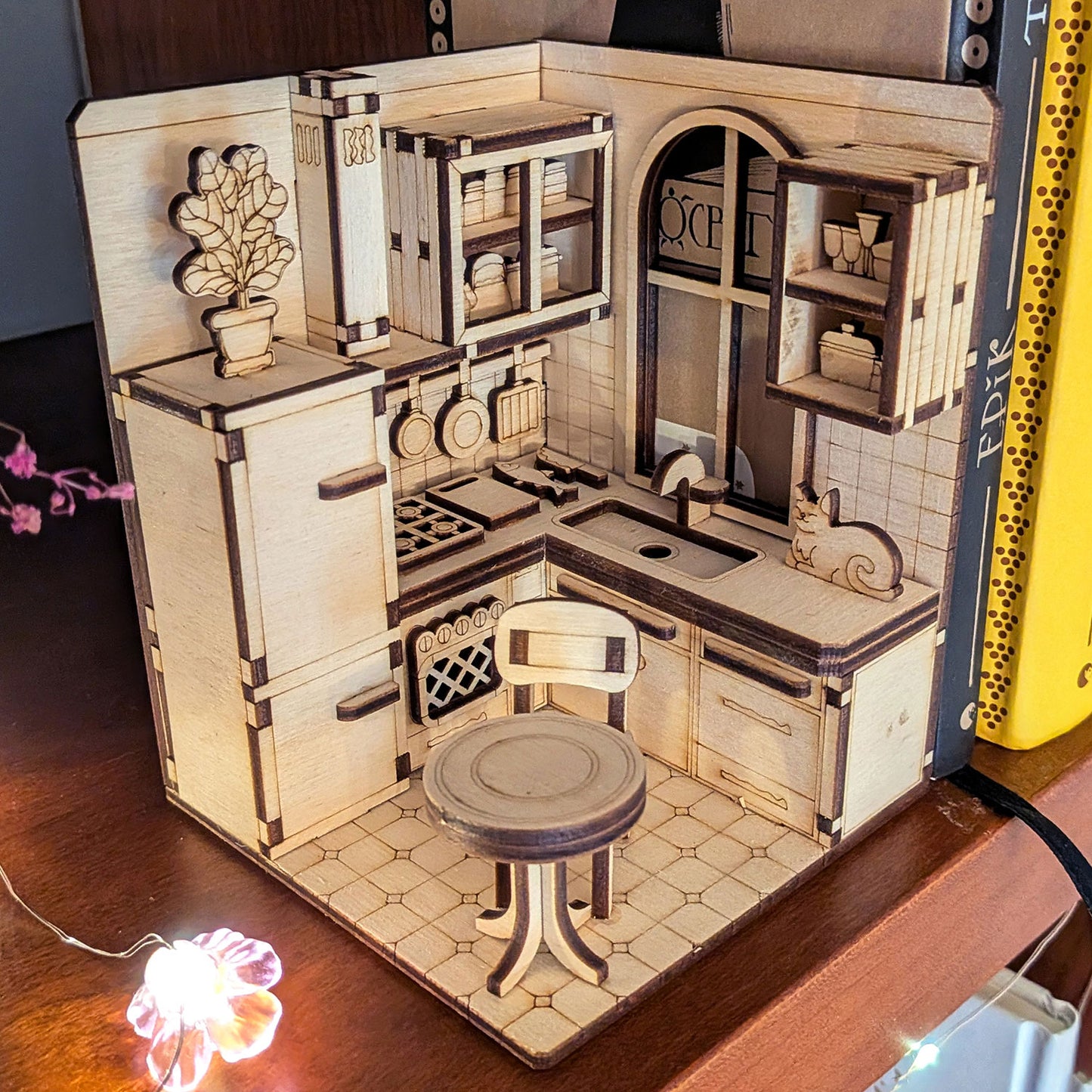 Book Nook Kitchen - Dollhouse-Style Miniature Diorama for Bookshelf Display - Glowforge