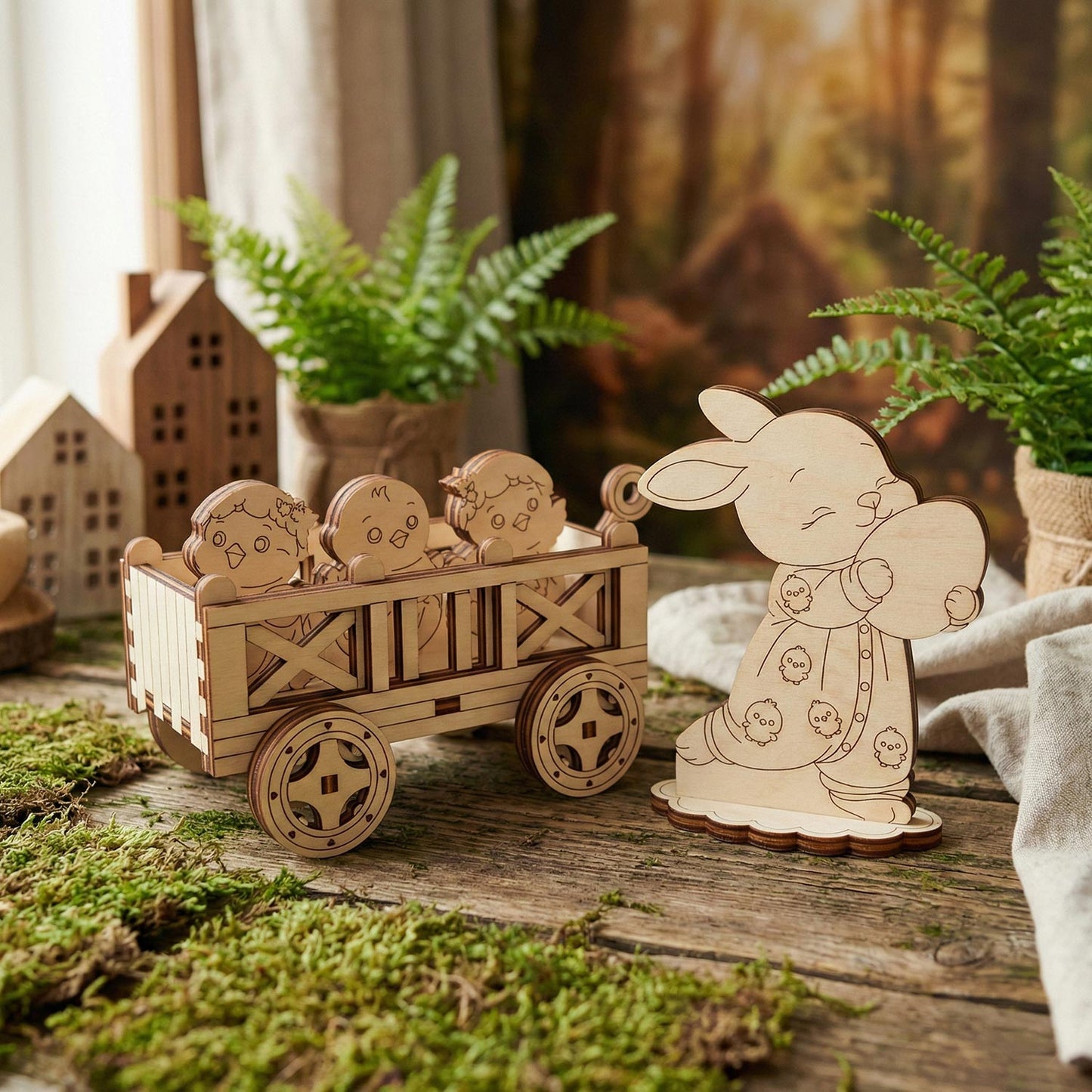 Bunny with Chicks - Miniature Easter Decoration with Spring Charm - Glowforge