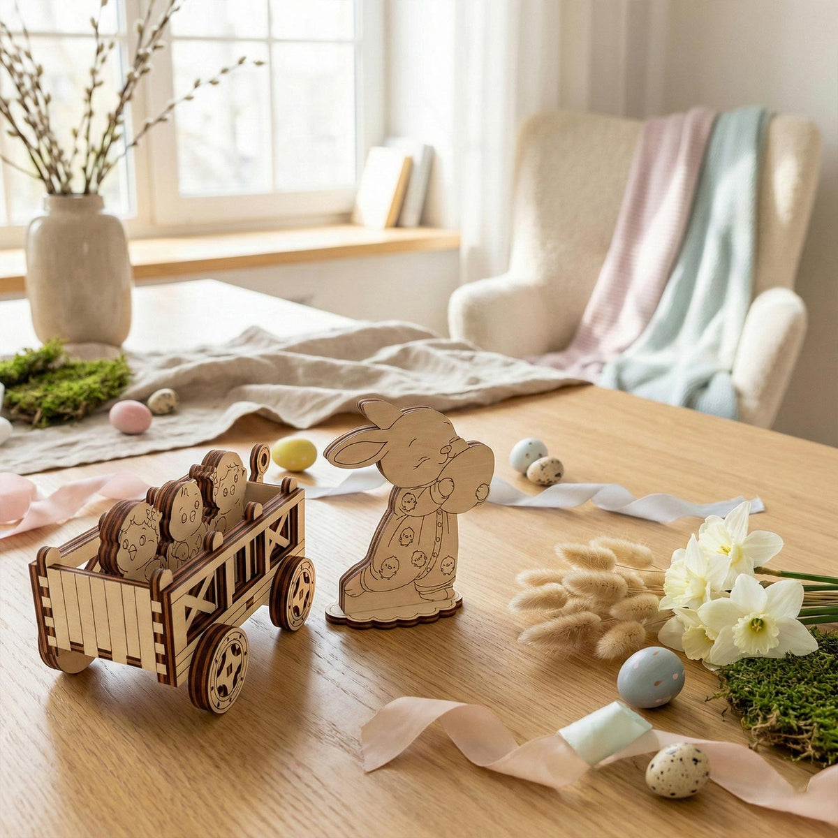 Bunny with Chicks - Miniature Easter Decoration with Spring Charm - Glowforge