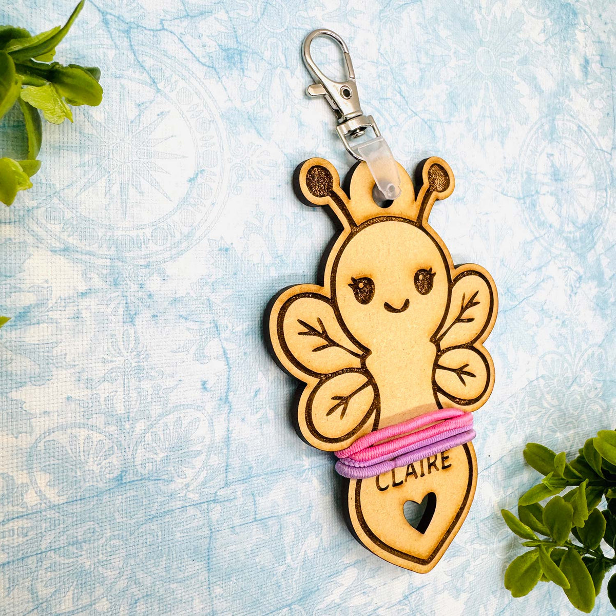 Busy Bee Hair Tie Holder Keychain with Editable Text - Glowforge