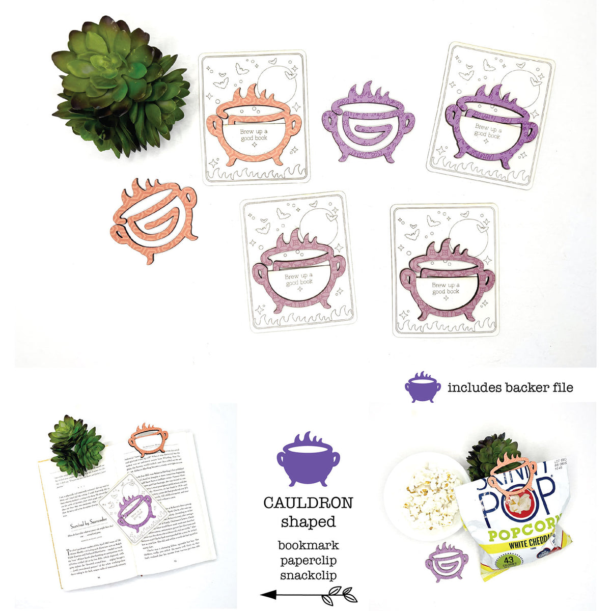 Cauldron Shaped Bookmark with Card Backer - Paperclip - Snack Bag Closure - Glowforge