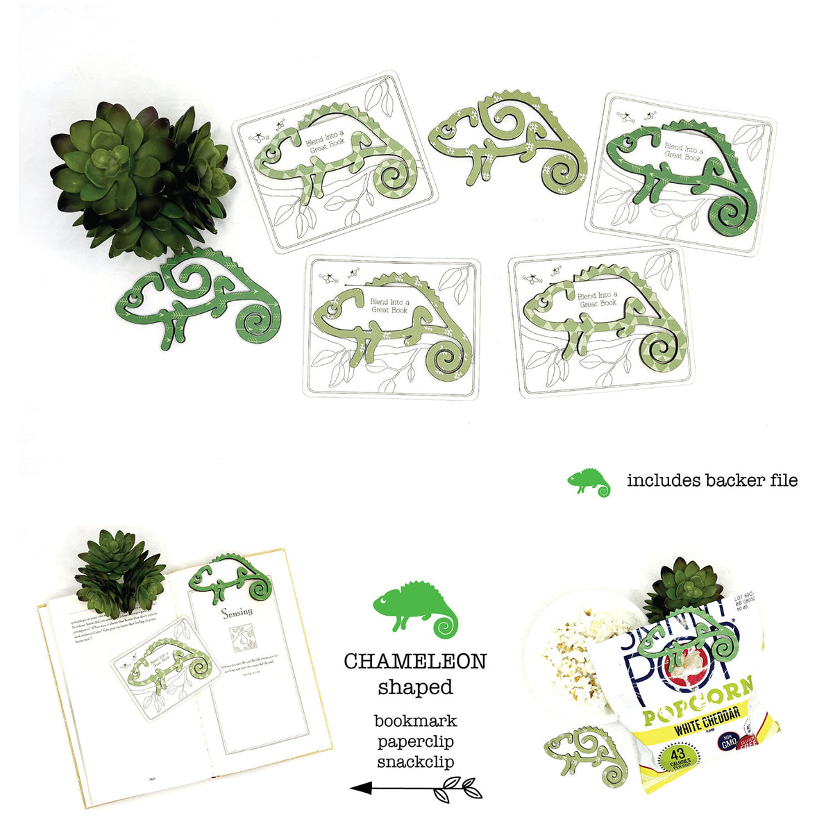 Chameleon Shaped Bookmark with Card Backer - Paperclip - Snack Bag Closure - Glowforge
