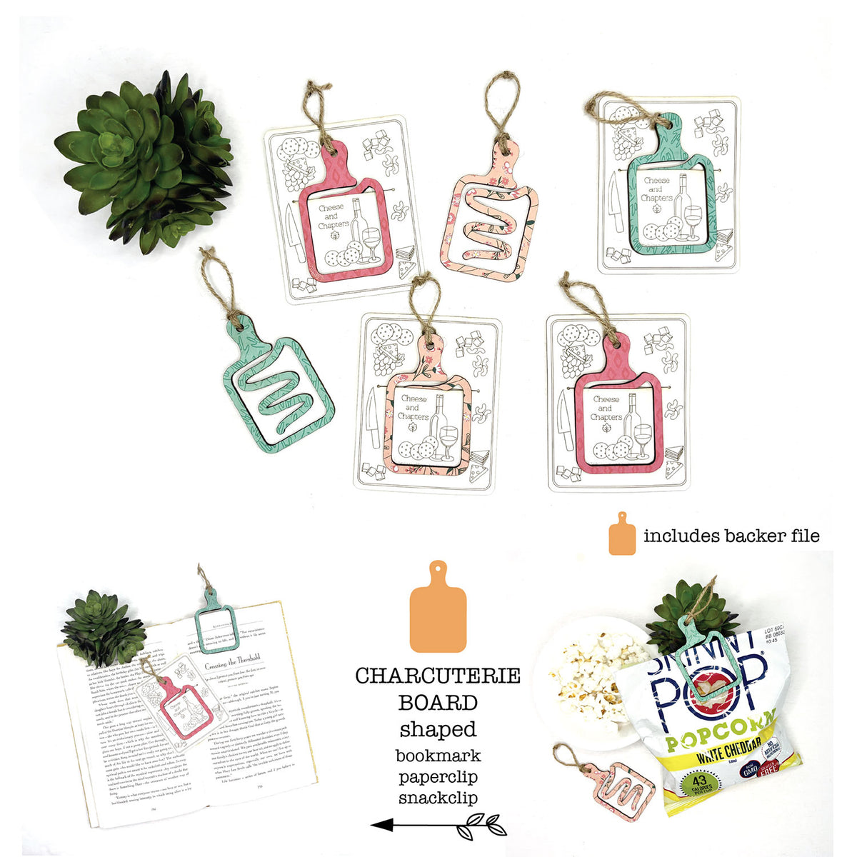 Charcuterie Board Shaped Bookmark with Card Backer - Paperclip - Snack Bag Closure - Glowforge