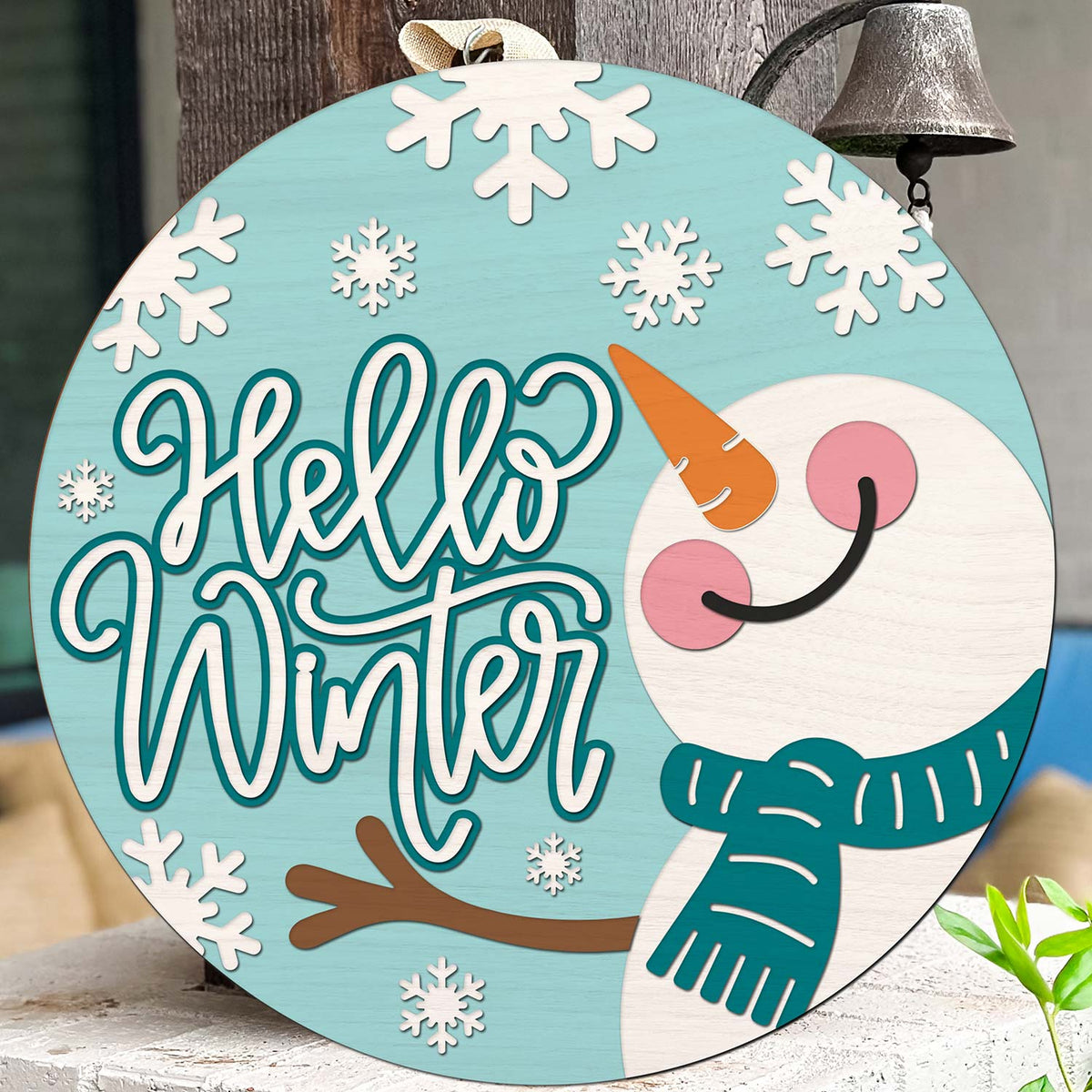 Cheerful Hello Winter Snowman Door Sign - Glowforge
