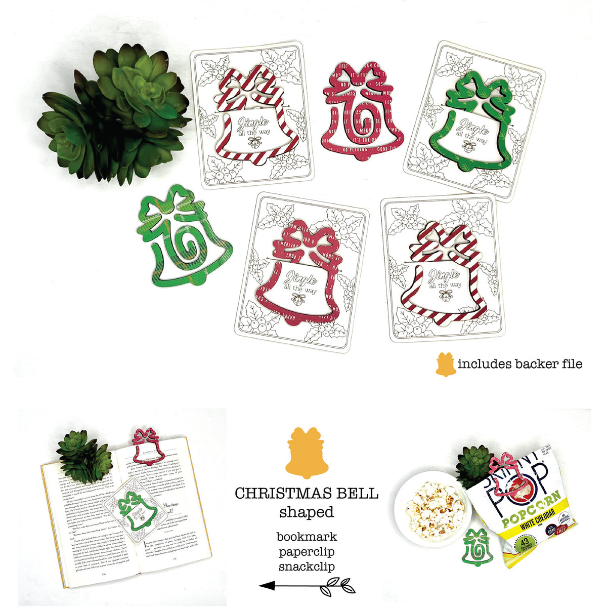 Christmas Bell Shaped Bookmark with Card Backer - Paperclip - Snack Bag Closure - Glowforge