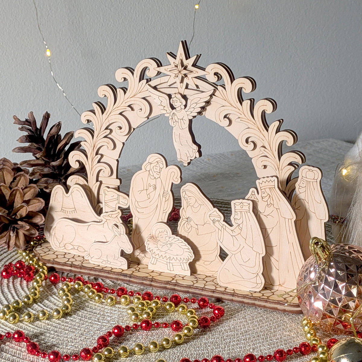 Christmas Nativity Schwibbogen - Holy Family, Baby Jesus, Three Wise Men & Angel Scene - Glowforge