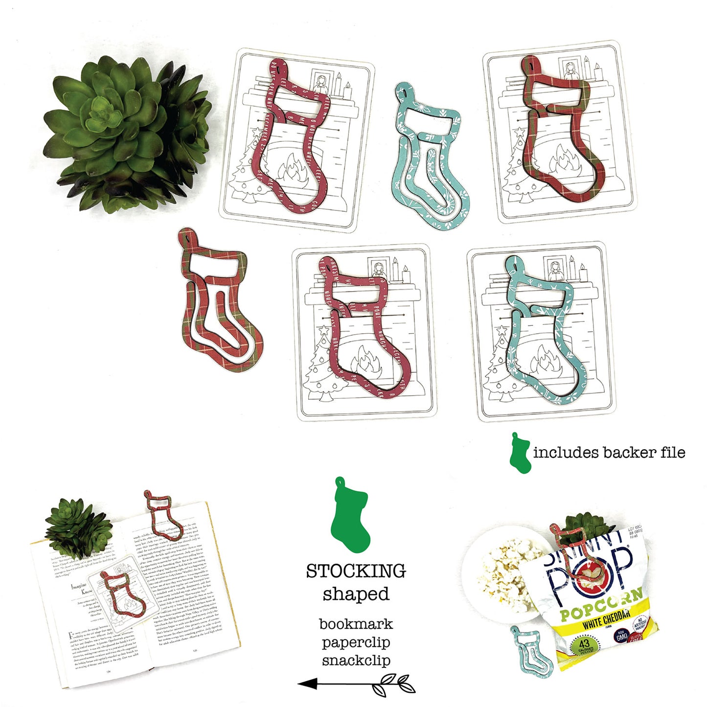 Christmas Stocking Shaped Bookmark with Card Backer - Paperclip - Snack Bag Closure