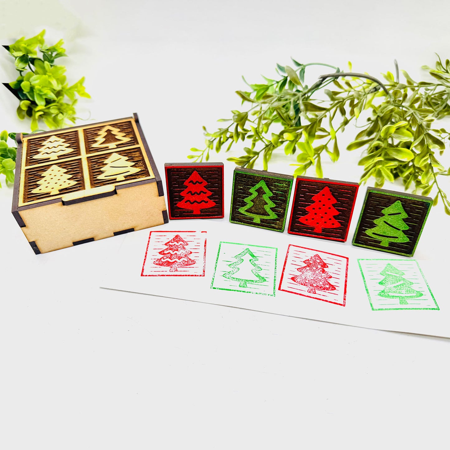 Christmas Tree Wood Block Print Stamp (Set of 4) + Storage Box - Collection #1 - Glowforge