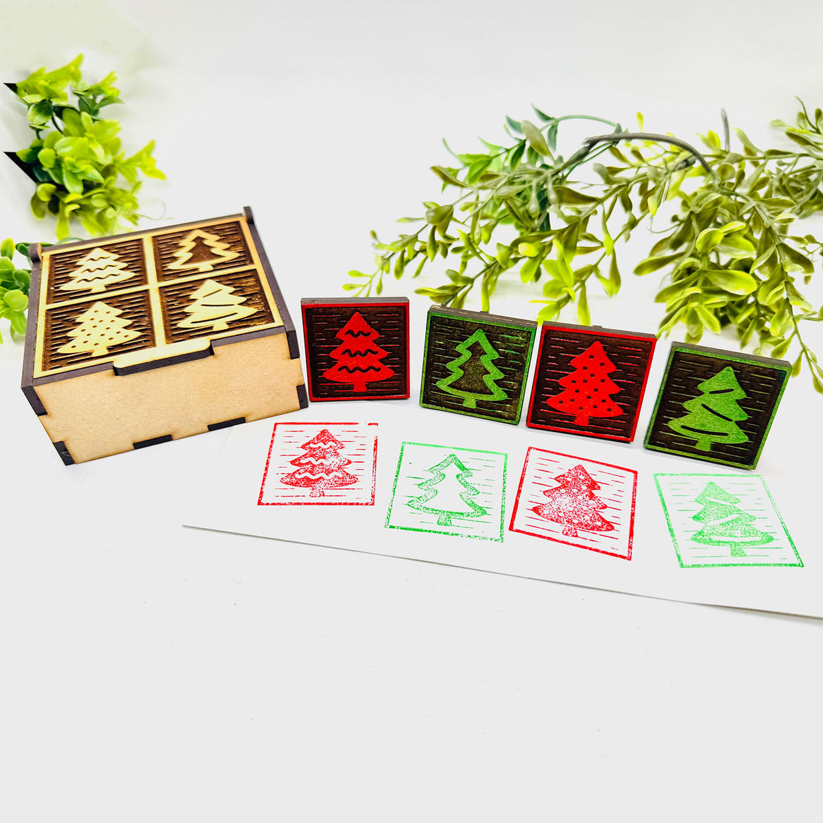 Christmas Tree Wood Block Print Stamp (Set of 4) + Storage Box - Collection #1 - Glowforge
